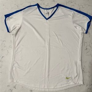 Nike White and Blue V-Neck Dri-Fit Tee